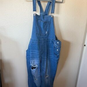 Blue Denim Overalls with Distressed Details